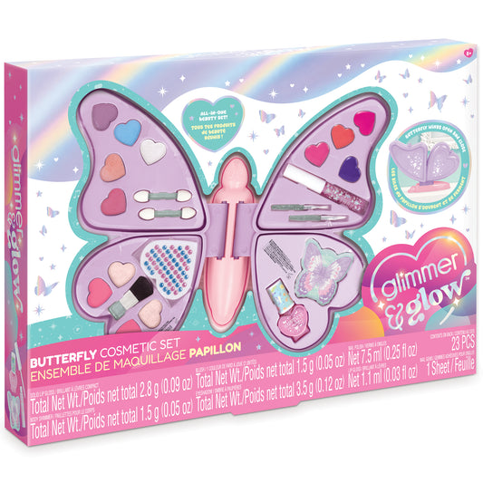 Glimmer & Glow Butterfly Cosmetic Set with pink and turquoise wings containing lip gloss, eyeshadow, and nail polish