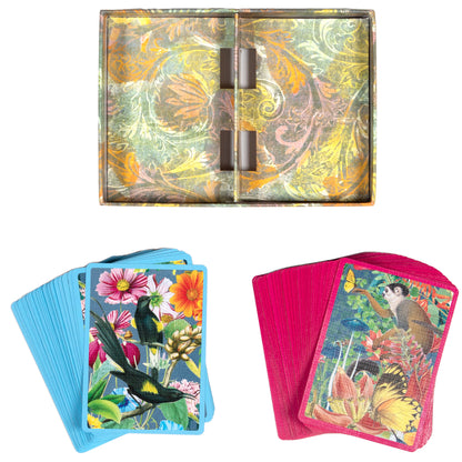 Garden of Eden Deluxe Playing Card Decks with Gilded Edges set showing ornate decorative box with gold floral pattern and two card deck fans in blue and hot pin
