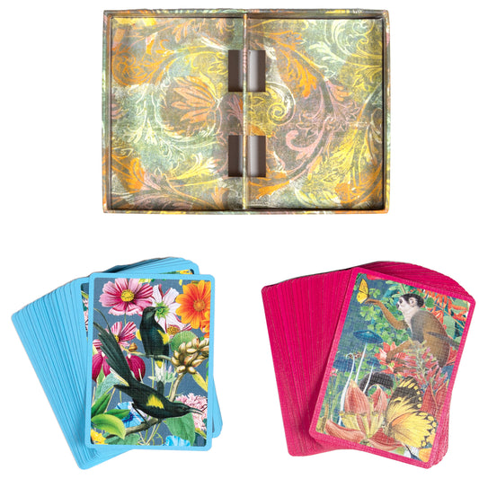 Garden of Eden Deluxe Playing Card Decks with Gilded Edges set showing ornate decorative box with gold floral pattern and two card deck fans in blue and hot pin