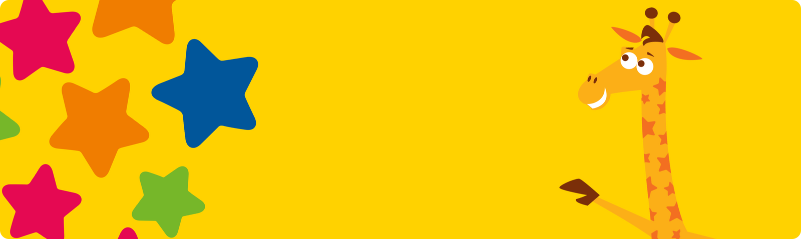 Geoffrey the Giraffe on yellow background with mutli color stars