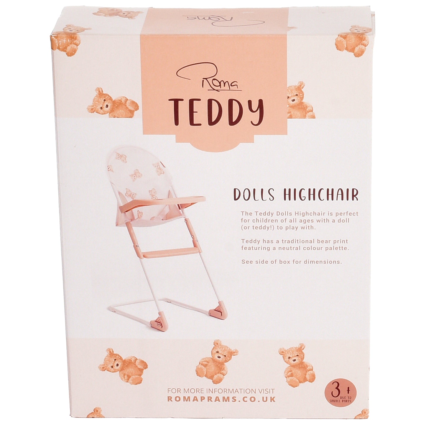 Roma Teddy Dolls Highchair with bear print design in pink and white