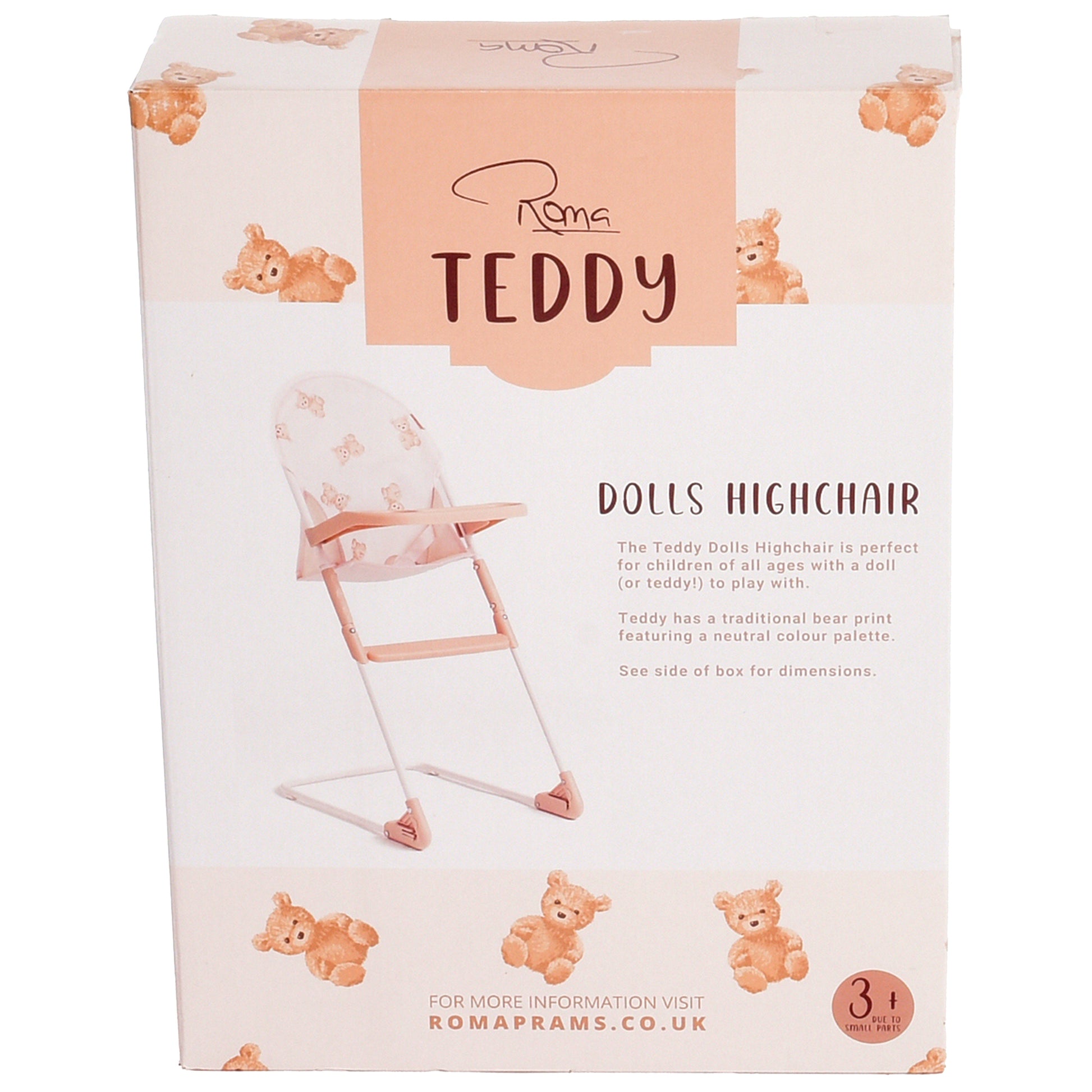 Roma Teddy Dolls Highchair with bear print design in pink and white