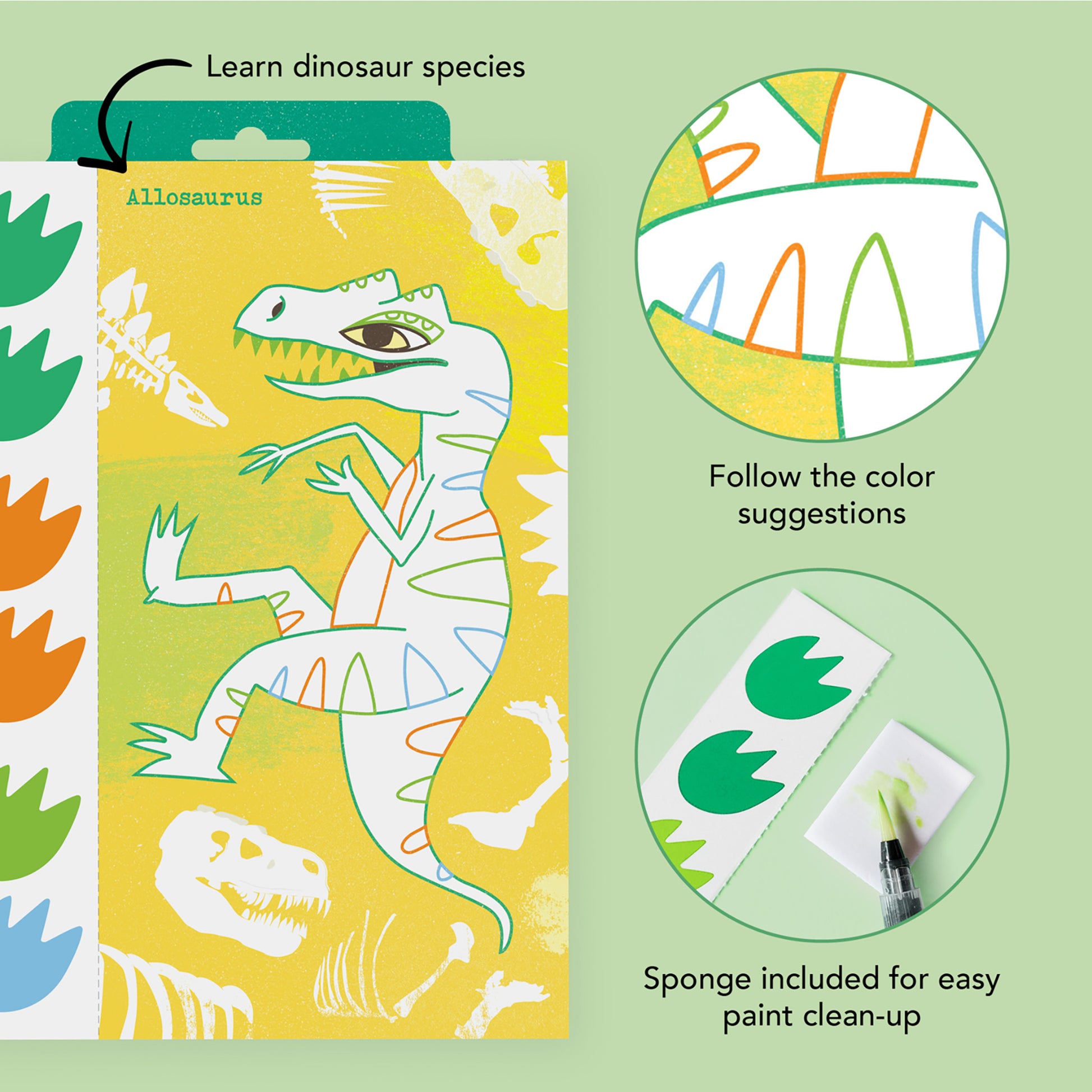 Tiger Tribe Dinosaur Watercolor Art Set with illustrated Allosaurus page, color guides, and included sponge brush