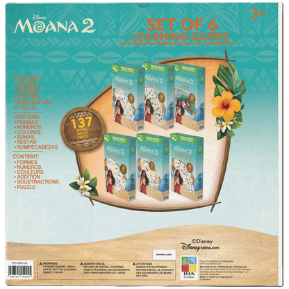 Disney Moana 2 Set of 6 Learning Games with 137 pieces featuring shapes, numbers, colors, and puzzles