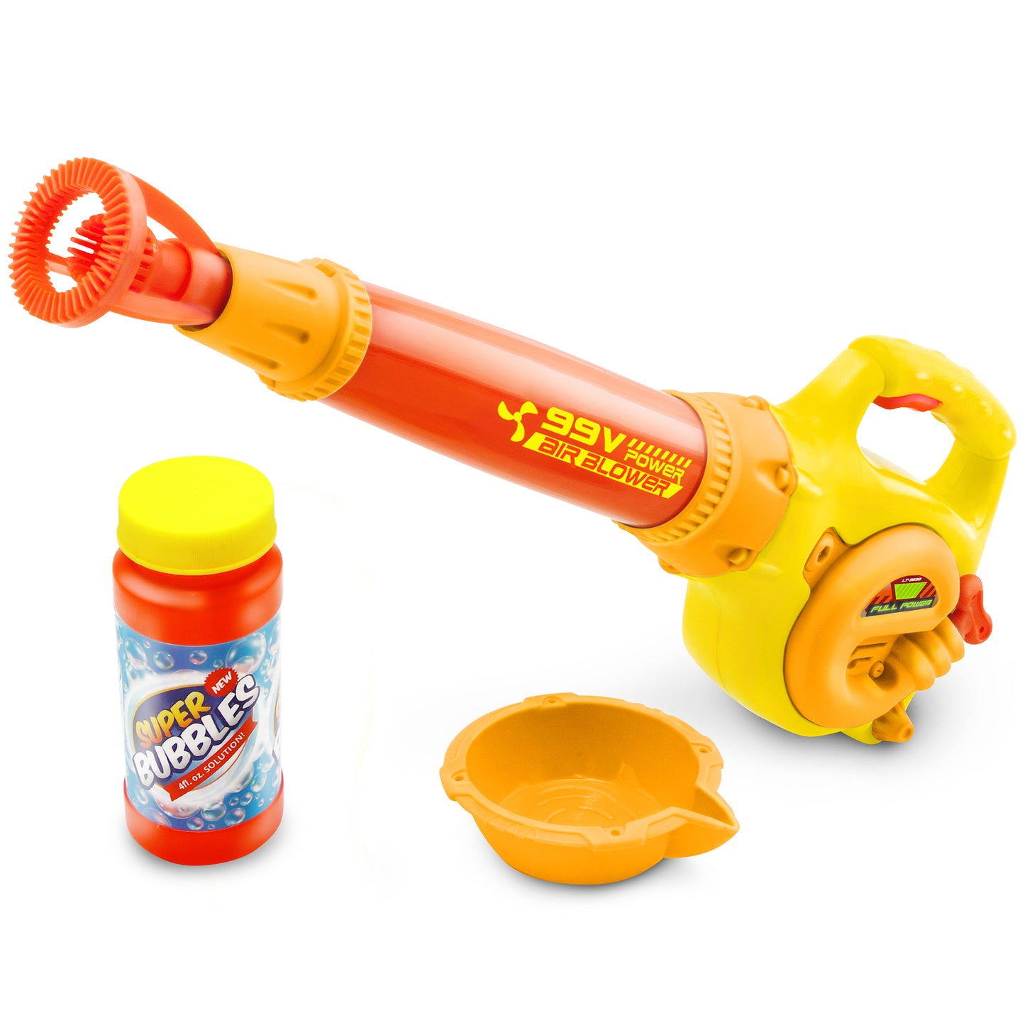 Air Bubbler toy blower in yellow and orange with bubble solution bottle
