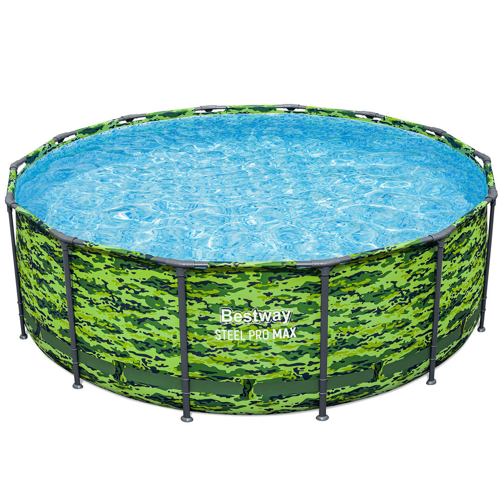 Bestway Steel Pro MAX 14' x 48" camo pool set with green camouflage frame and blue water