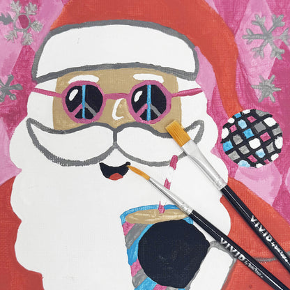 Groovy Santa Paint-By-Number Kit with pink peace sign glasses and paintbrushes