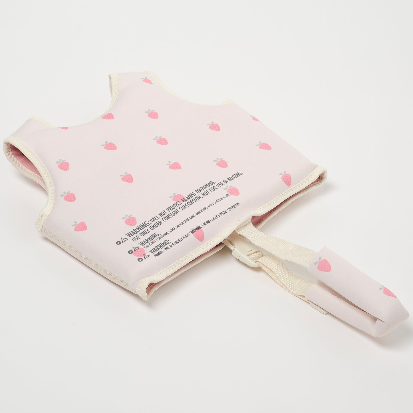 Sunnylife Kids Swim Vest in pink with strawberry pattern and cream safety strap