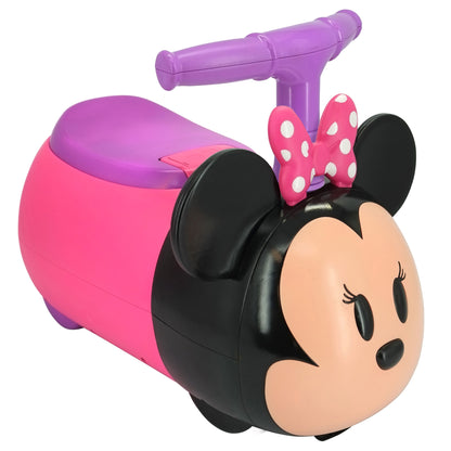 Kiddieland Minnie Mouse Ride-On Toy with purple handles, pink and purple body, lights and sounds