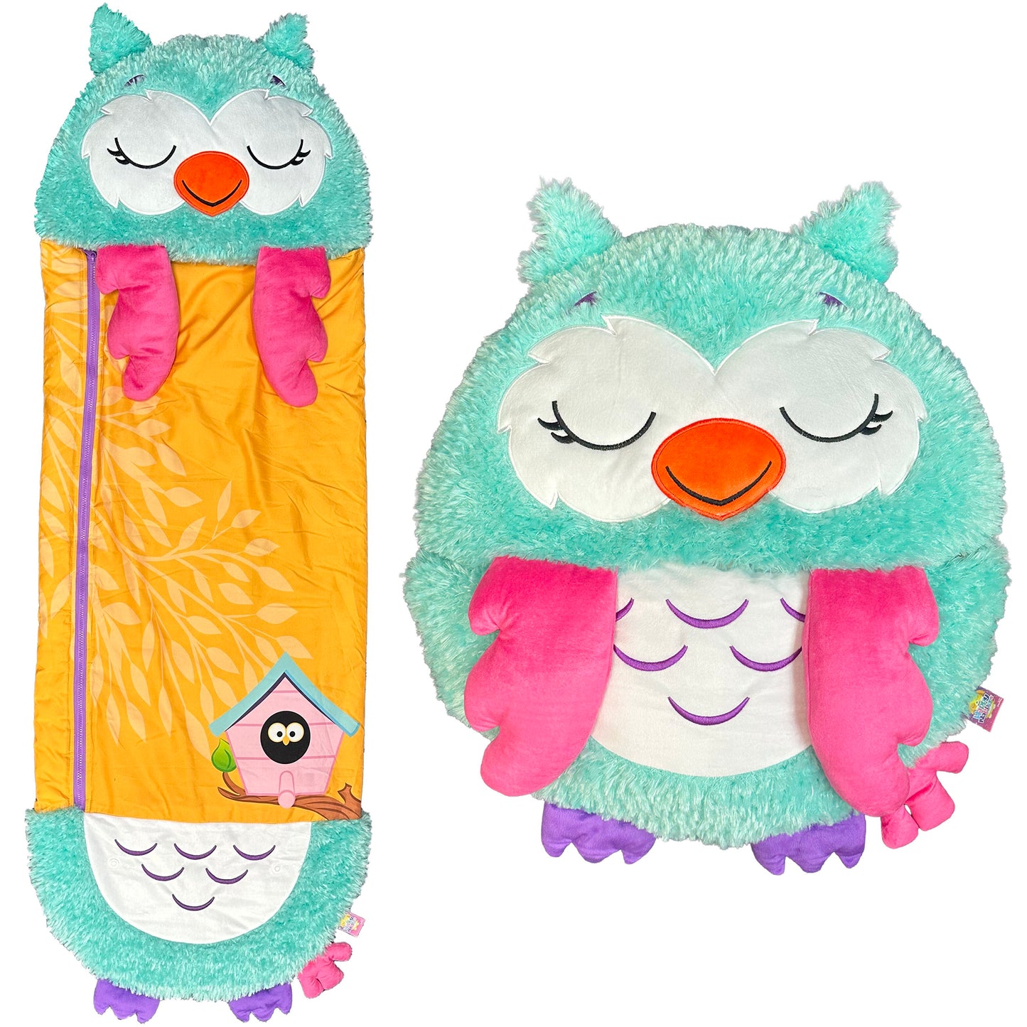 Happy Nappers Large Green Owl 2-in-1 Pillow Sleepy Sack Plush with pink wings and orange beak