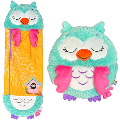 Happy Nappers Large Green Owl 2-in-1 Pillow Sleepy Sack Plush with pink wings and orange beak