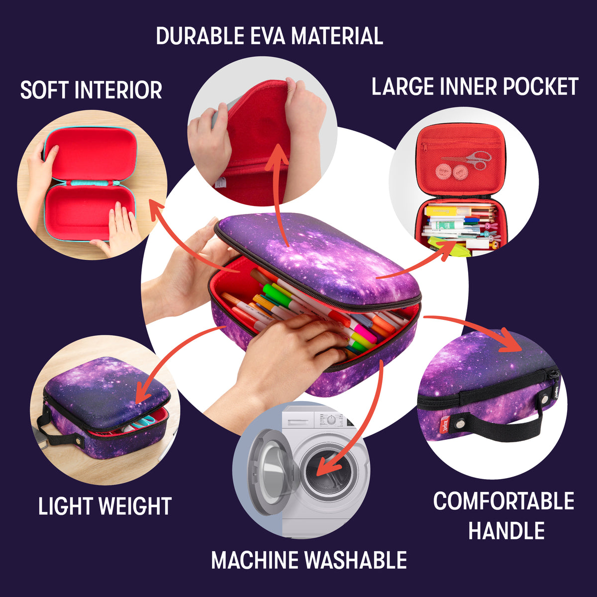 Purple Jumbo Pencil Case with red interior, showing open compartment filled with colored pencils and markers