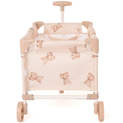 Roma Teddy Toy Wagon with cream fabric, teddy bear print, and wooden handles