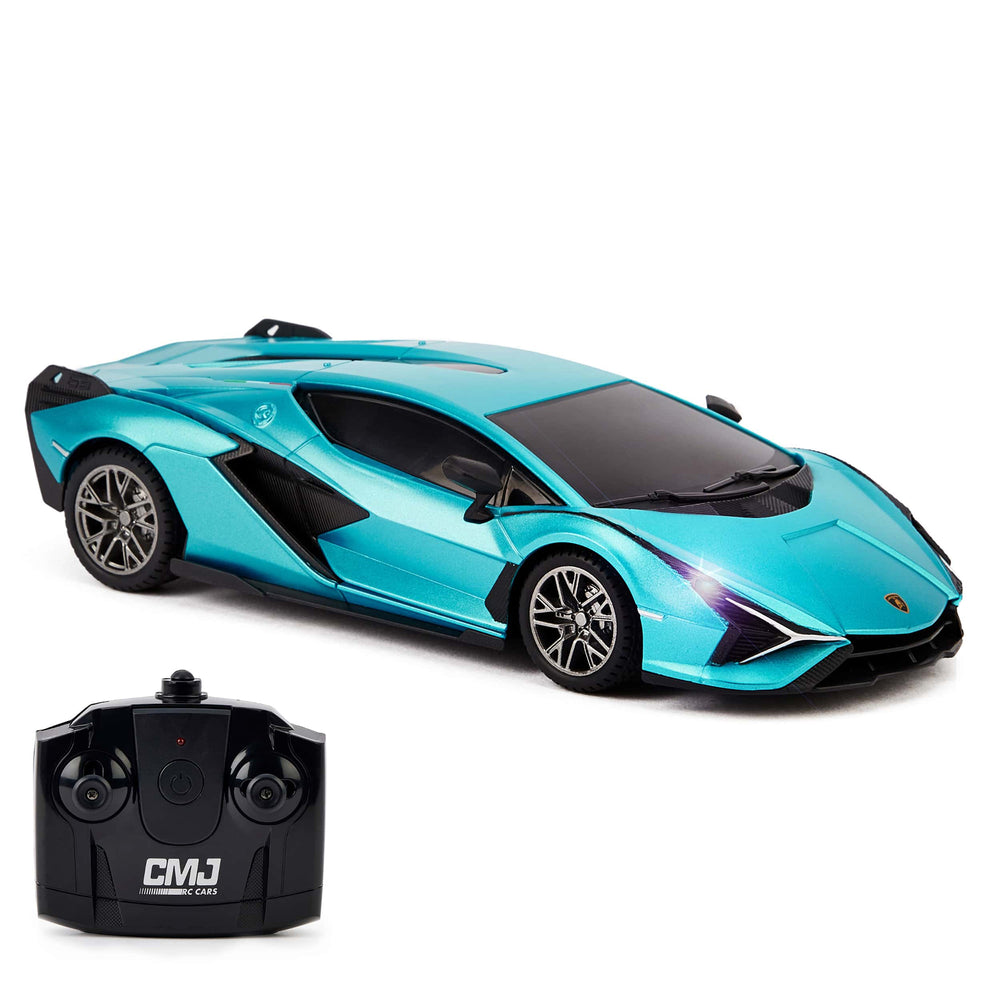 Bright turquoise remote control Lamborghini Sián FKP 37 sports car with black accents and opening doors, shown with black CMJ RC Cars controller