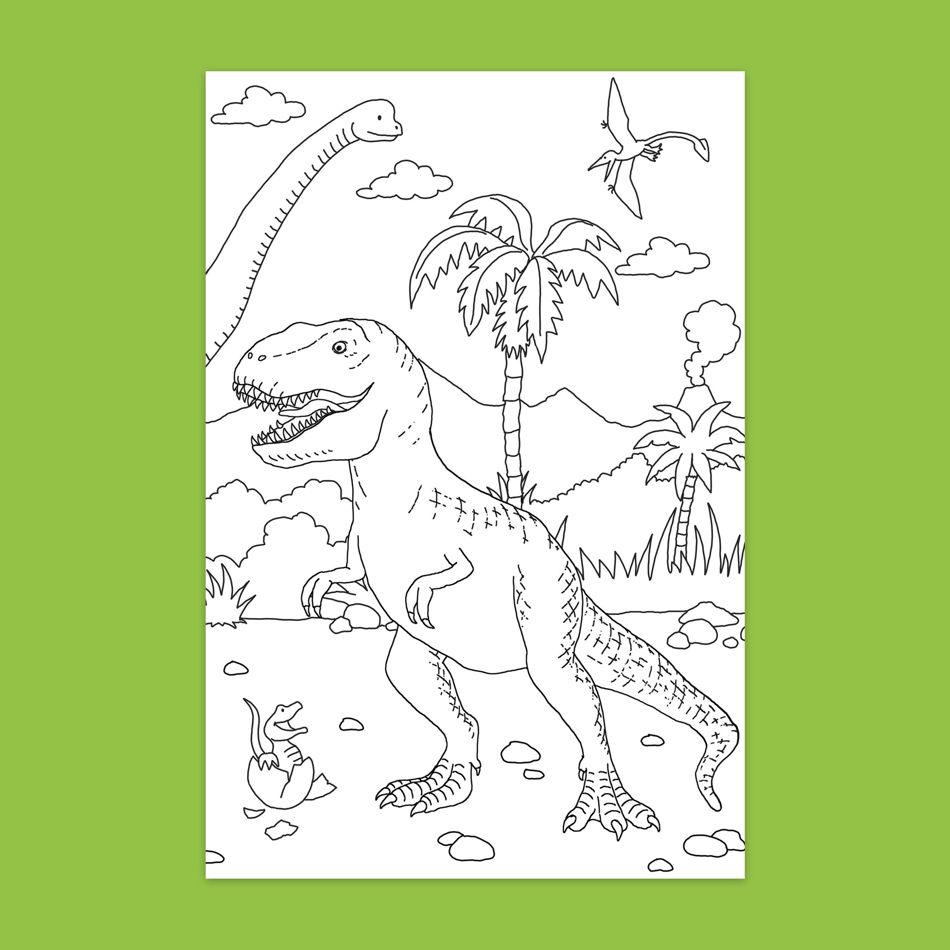 Color & Sticker Fun Dinosaurs book with line art dinosaur scene to color