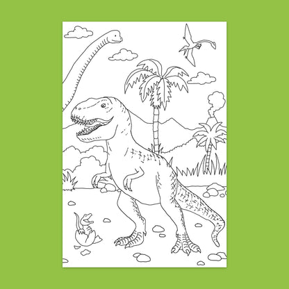 Color & Sticker Fun Dinosaurs book with line art dinosaur scene to color
