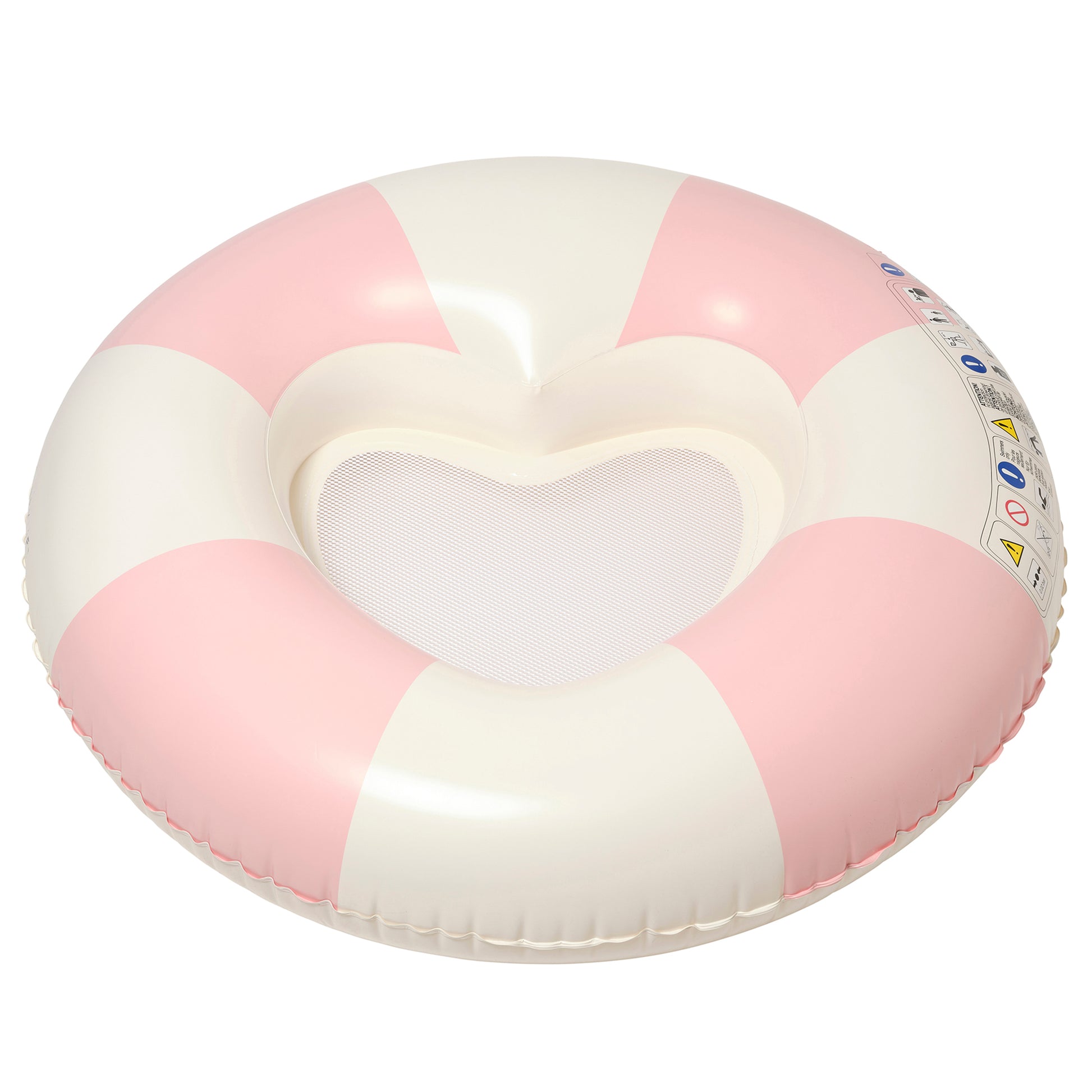 Pink and white striped inflatable pool ring with heart-shaped center opening on plain background