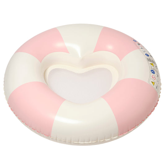 Pink and white striped inflatable pool ring with heart-shaped center opening on plain background
