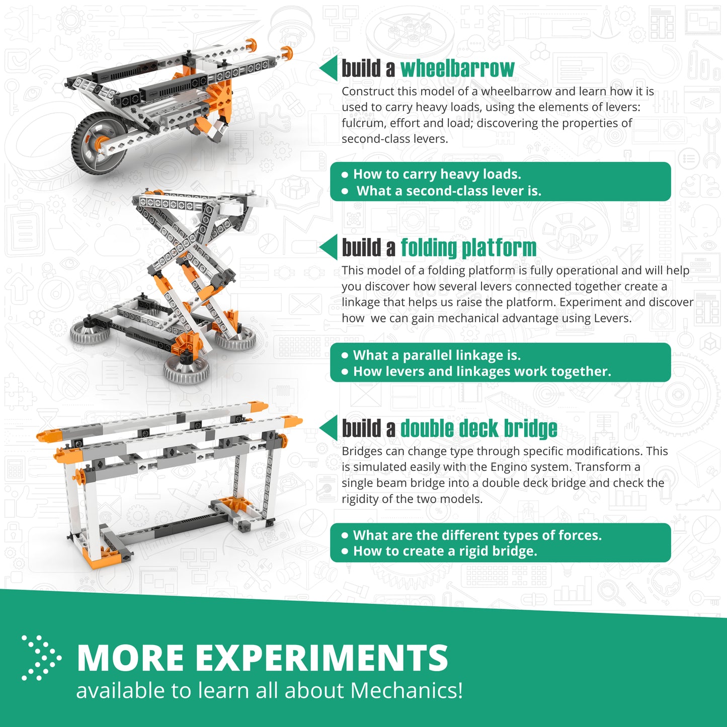 Engino Mechanics building set with wheelbarrow, folding platform, and bridge models in orange and gray