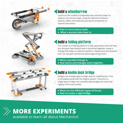 Engino Mechanics building set with wheelbarrow, folding platform, and bridge models in orange and gray