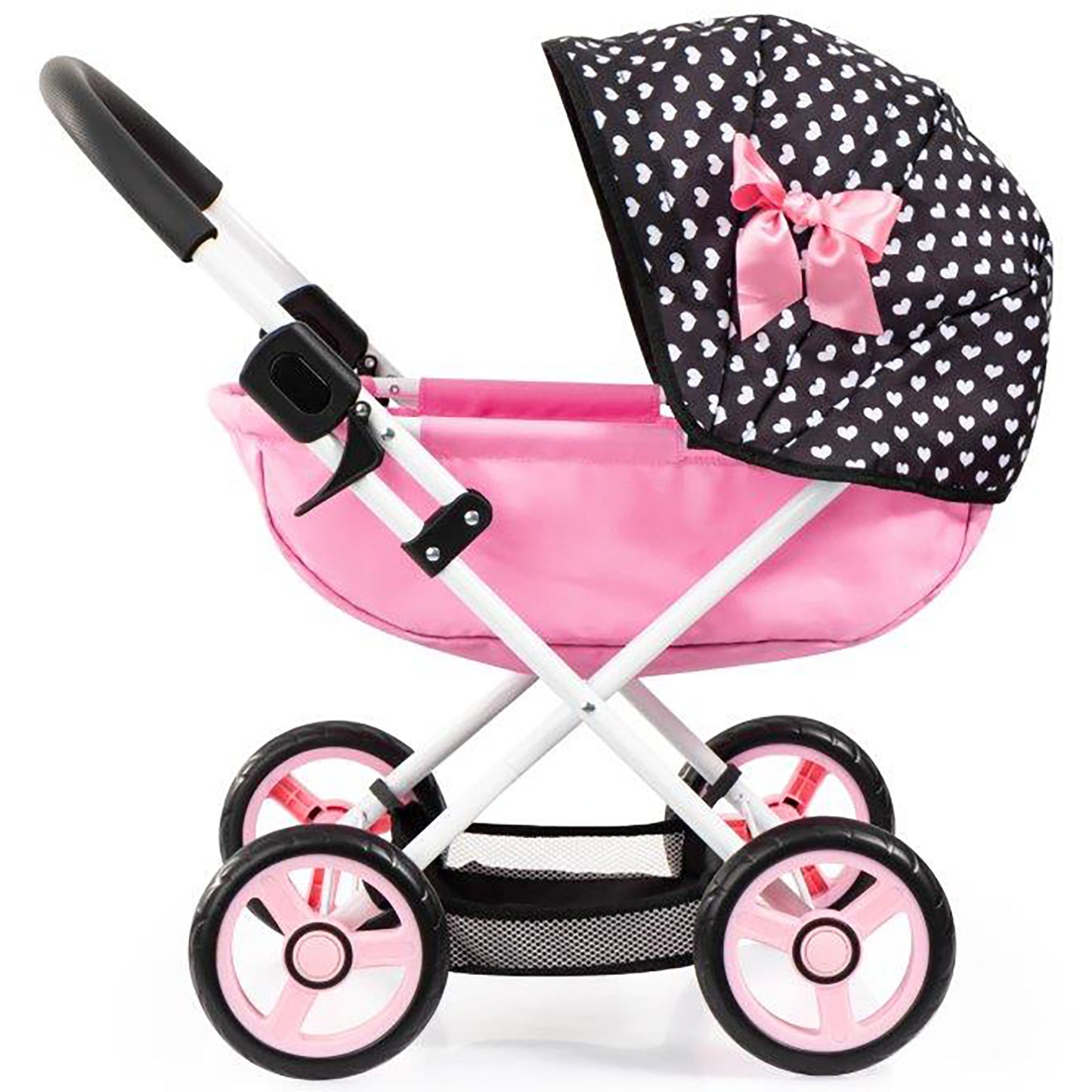 Bayer Design Dolls Pram Cosy black with white hearts, pink carriage and wheels