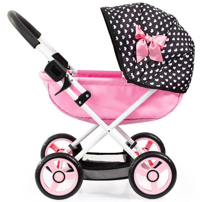 Bayer Design Dolls Pram Cosy black with white hearts, pink carriage and wheels
