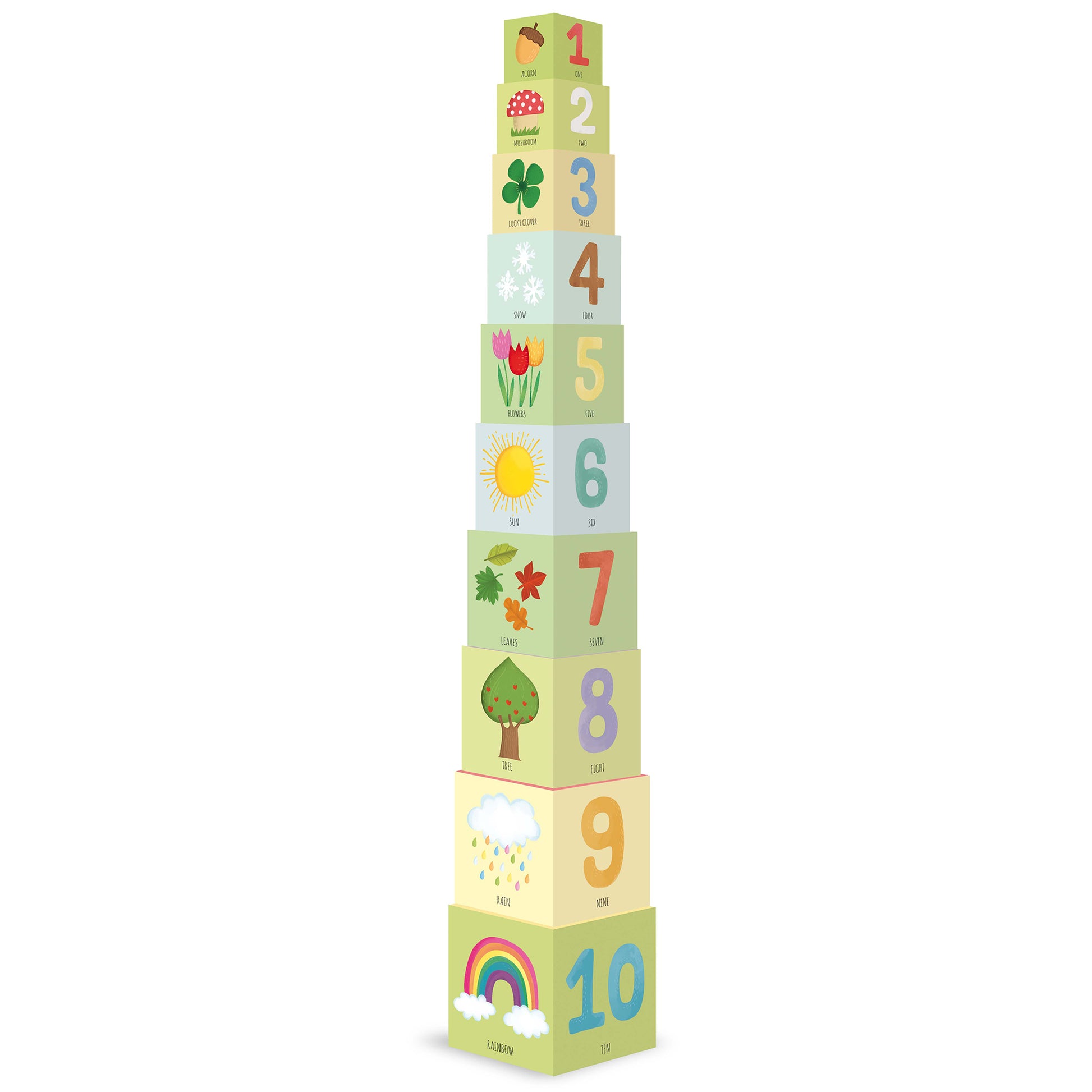 Stacked wooden cubes numbered 1-10 with colorful illustrations of acorn, mushroom, clover, snowflakes, tulips, sun, leaves, tree, rain cloud, and rainbow