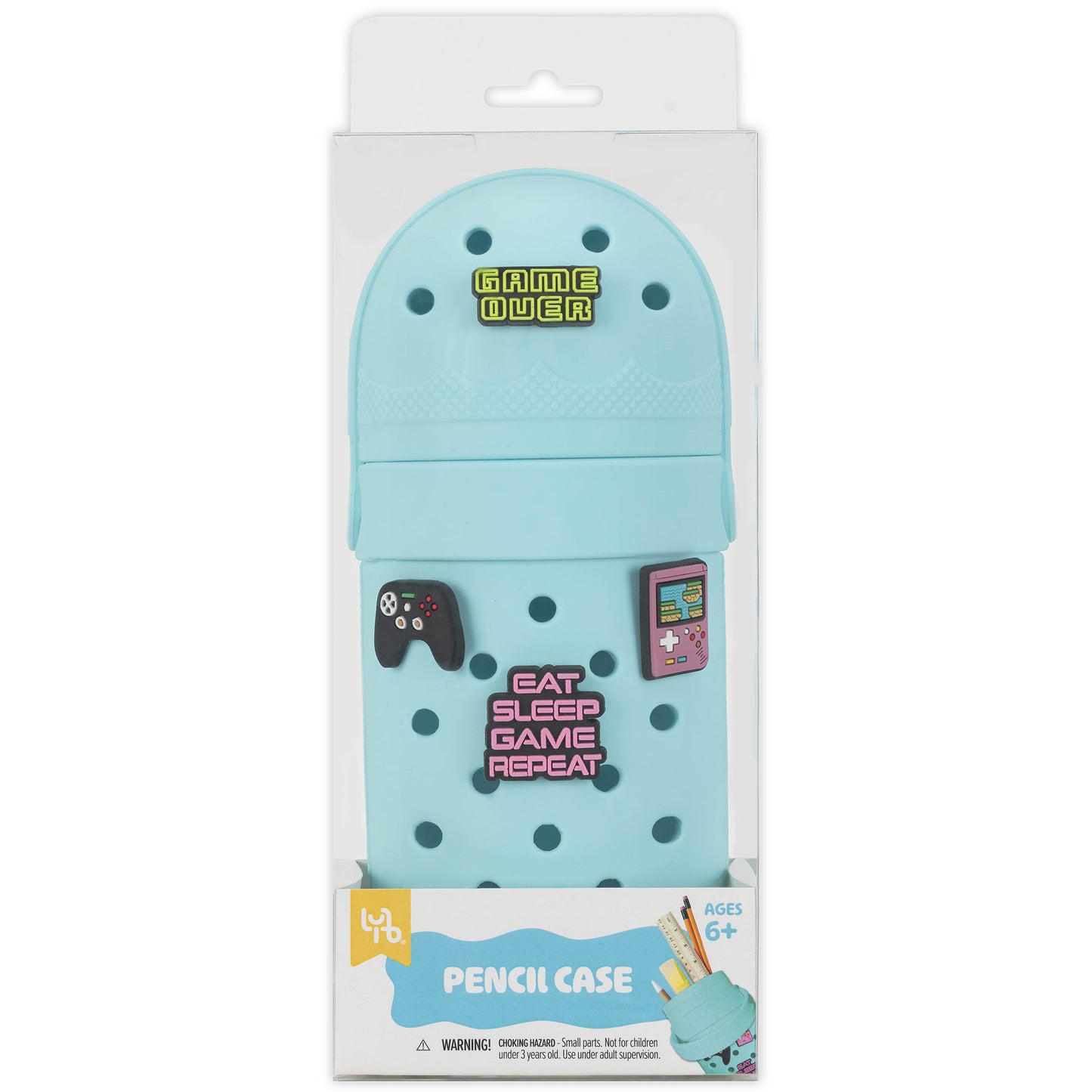 Charm Pencil Case Gaming Teal with game-themed charms and storage compartments