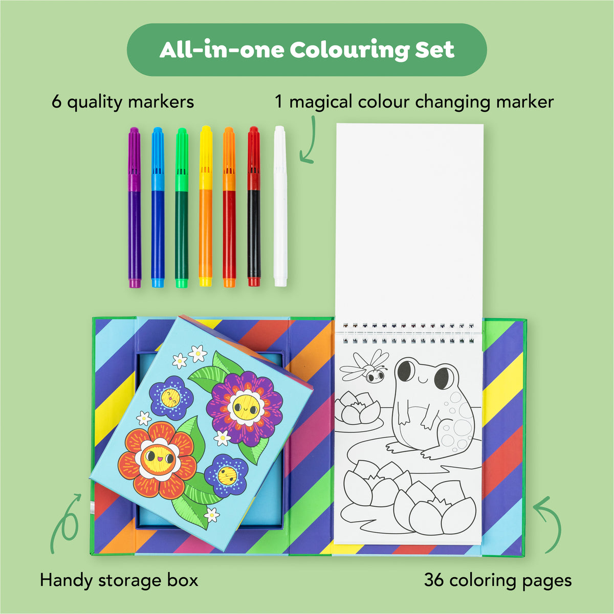 Color Change Magic Marker Coloring Set with 6 colored markers, magic color-changing marker, 36-page coloring booklet ...