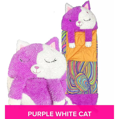 Purple White Cat Happy Nappers plush pillow toy with colorful sleeping sack