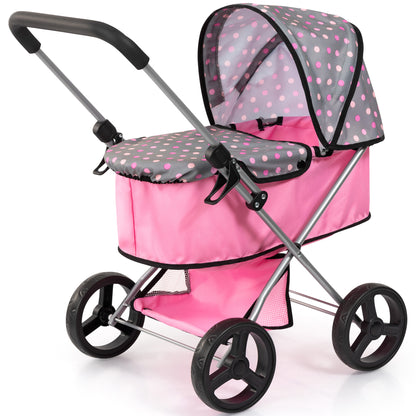 Bayer Design pink doll pram with grey polka dot canopy, adjustable handle and shopping basket