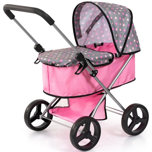 Bayer Design pink doll pram with grey polka dot canopy, adjustable handle and shopping basket