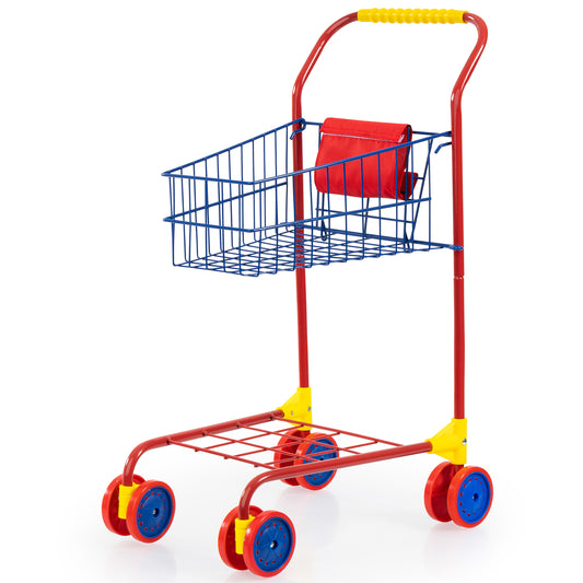 Toy shopping cart with blue wire basket, red and yellow metal frame, red and blue wheels, and yellow grip handle