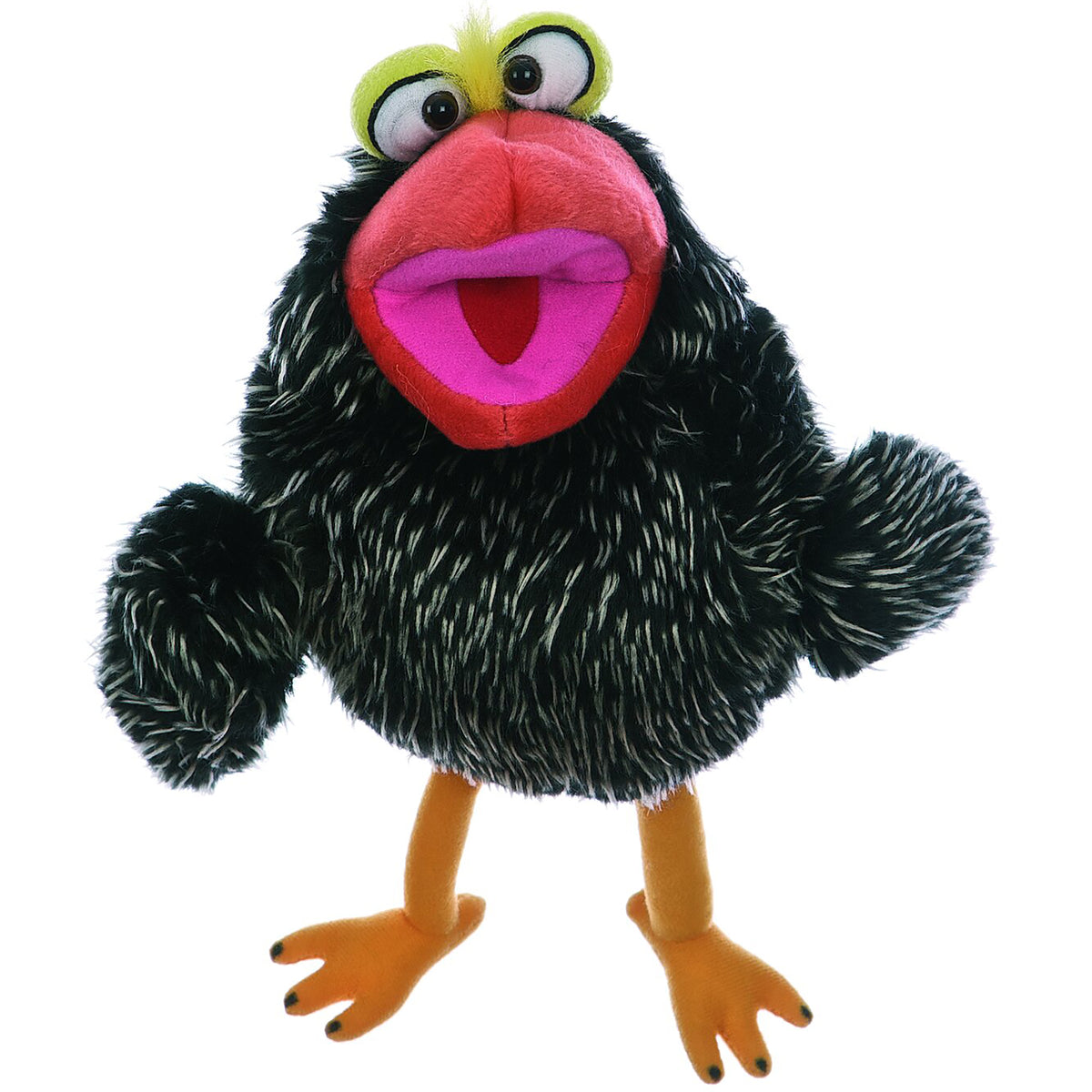 Living Puppets: Poe The Bird hand puppet with black body, lime green head, large eyes, and bright pink mouth