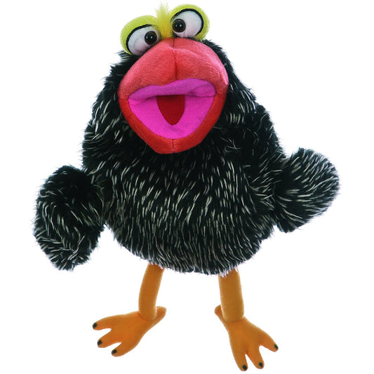Living Puppets: Poe The Bird hand puppet with black body, lime green head, large eyes, and bright pink mouth