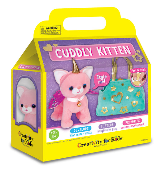 Creativity for Kids Cuddly Kitten craft kit in yellow box with pink plush kitten, gold-winged accessory, turquoise peel-and-stick purse, and matching smaller ki