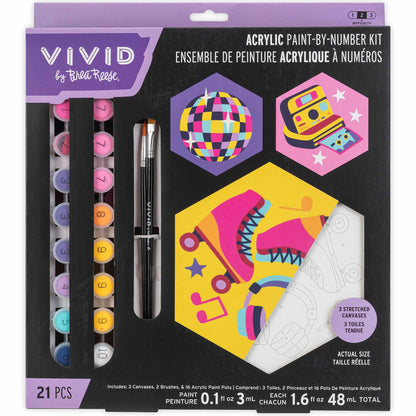 VIVID Mini Paint By Number Hexagon Retro 70s Kit with colorful acrylic paints and brushes