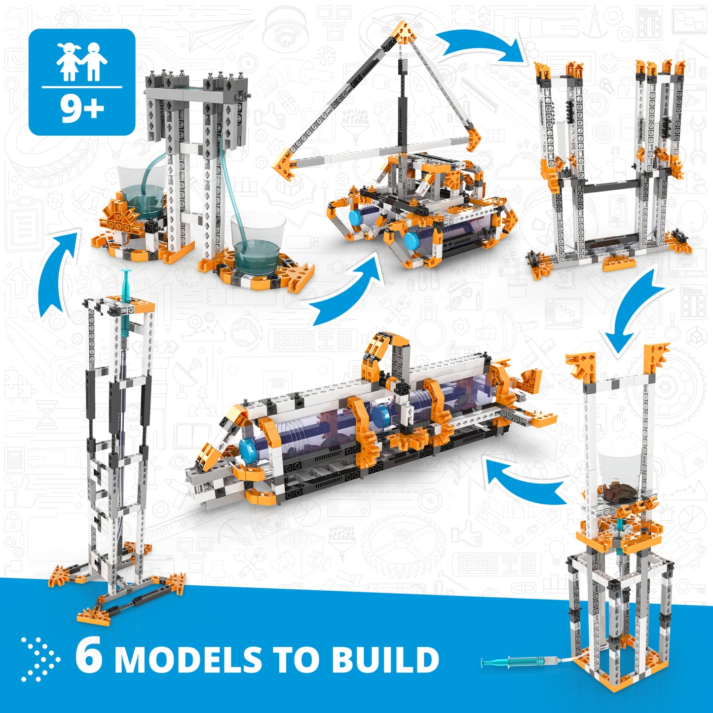 Engino STEM Fluid Dynamics building set with 6 orange and gray construction models for kids 9+