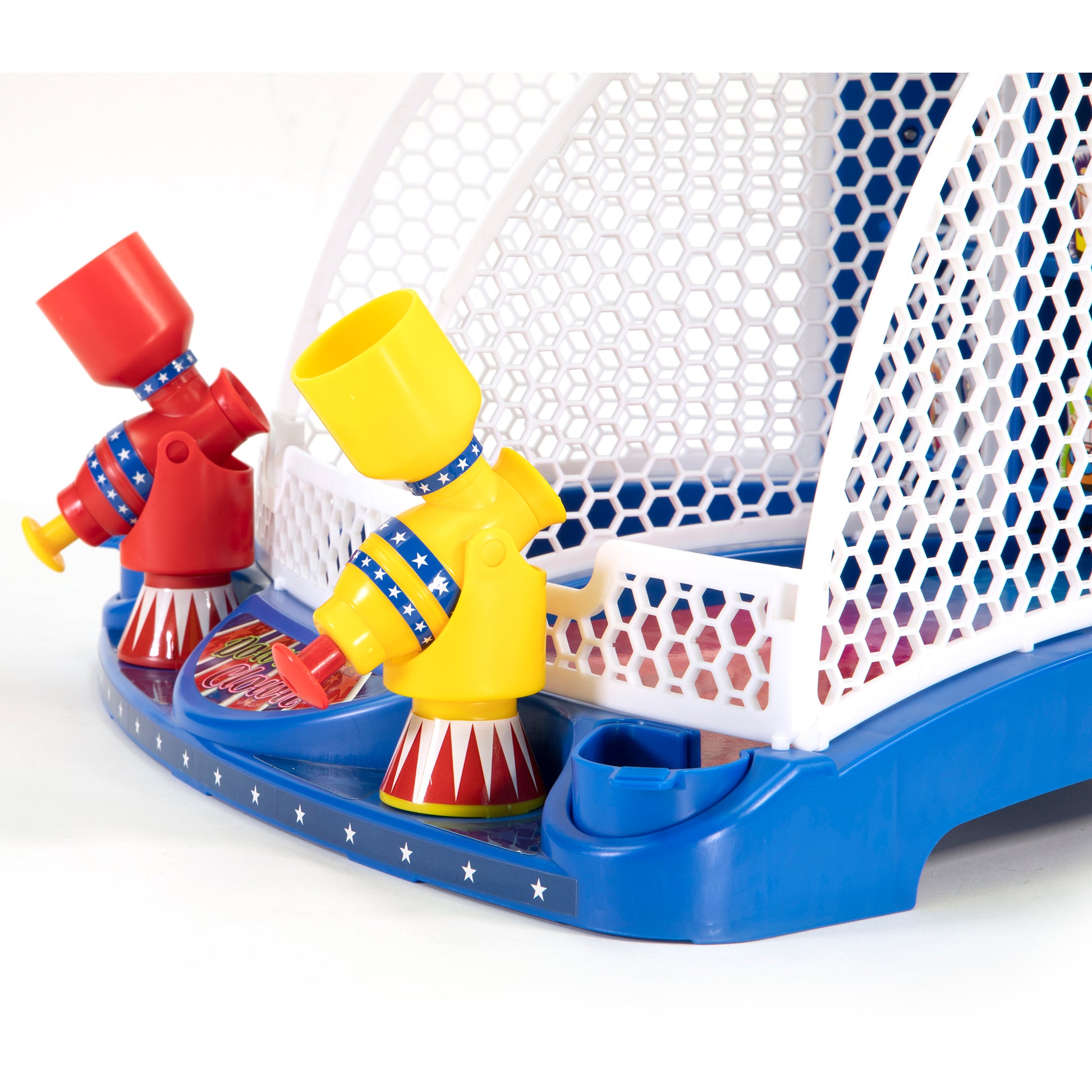 Down the Clown retro arcade game toy with red and yellow clown figures on blue base