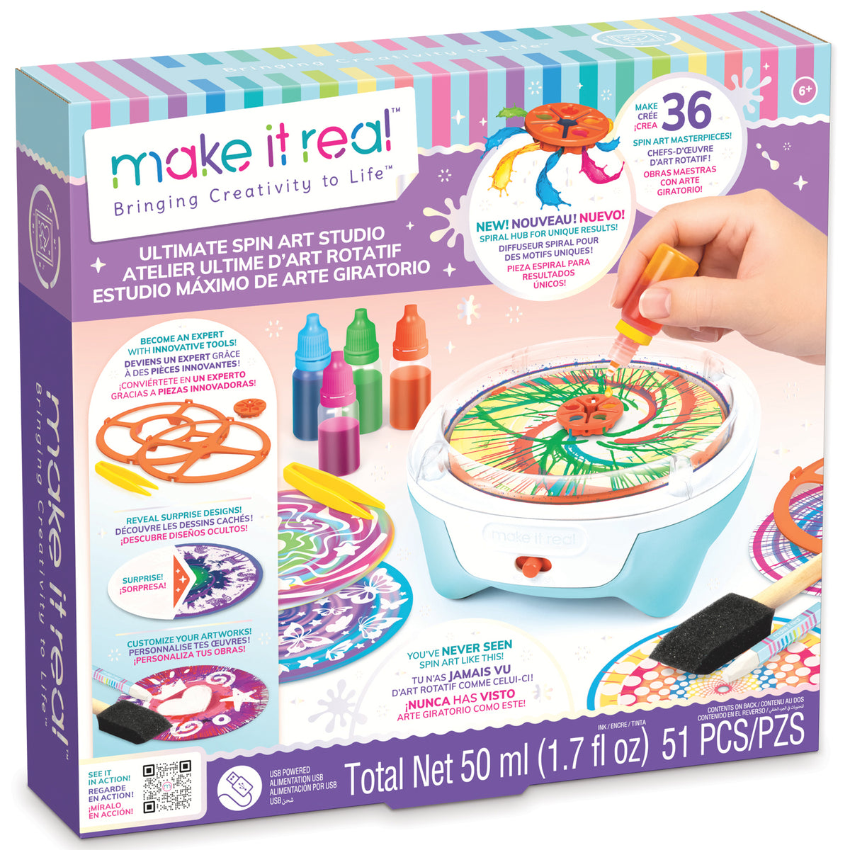 Make It Real Ultimate Spin Art Studio with colorful ink bottles and spinning wheel creating vibrant artwork