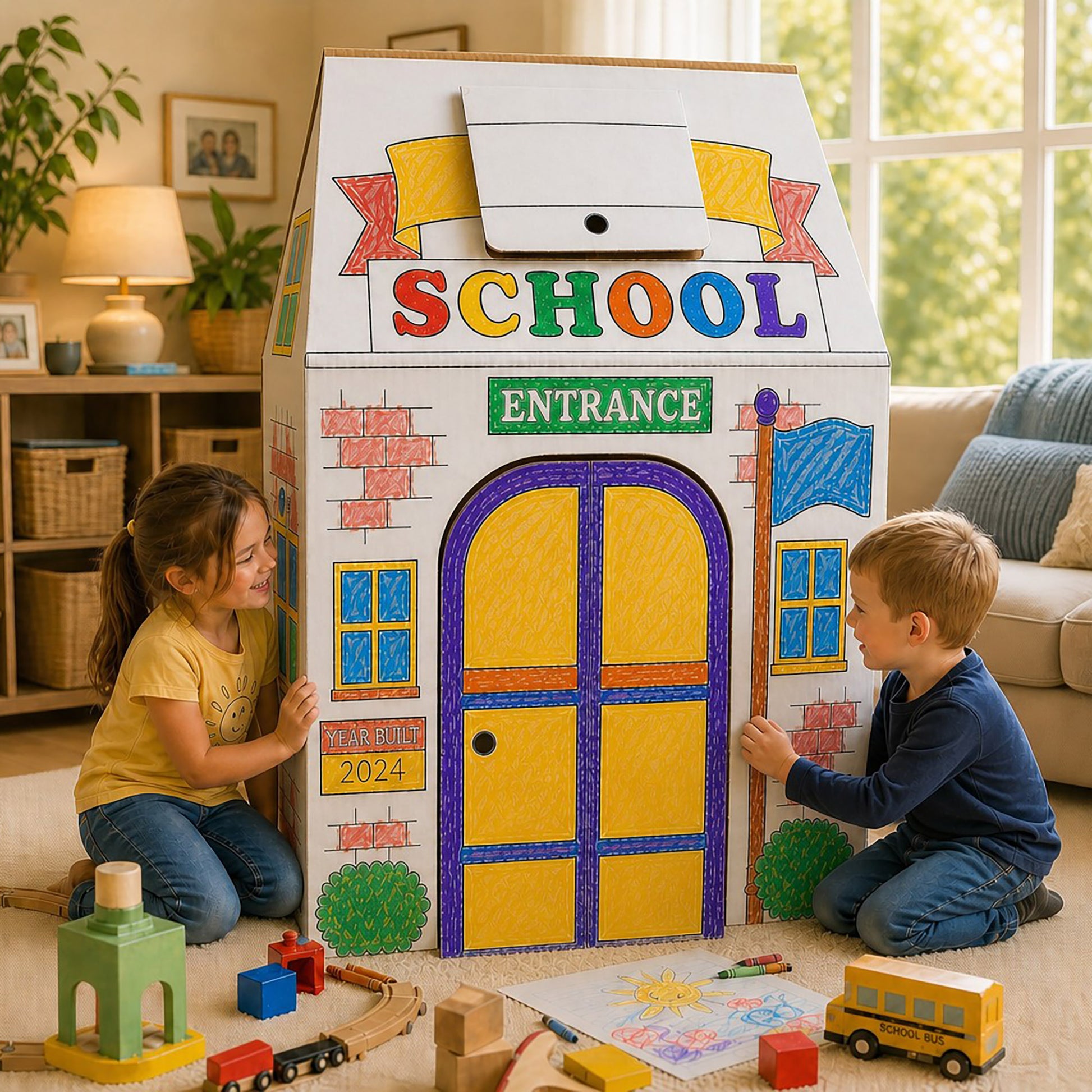 Easy Playhouse School cardboard fort with purple doors, colorful windows, and decorative elements for kids to play in