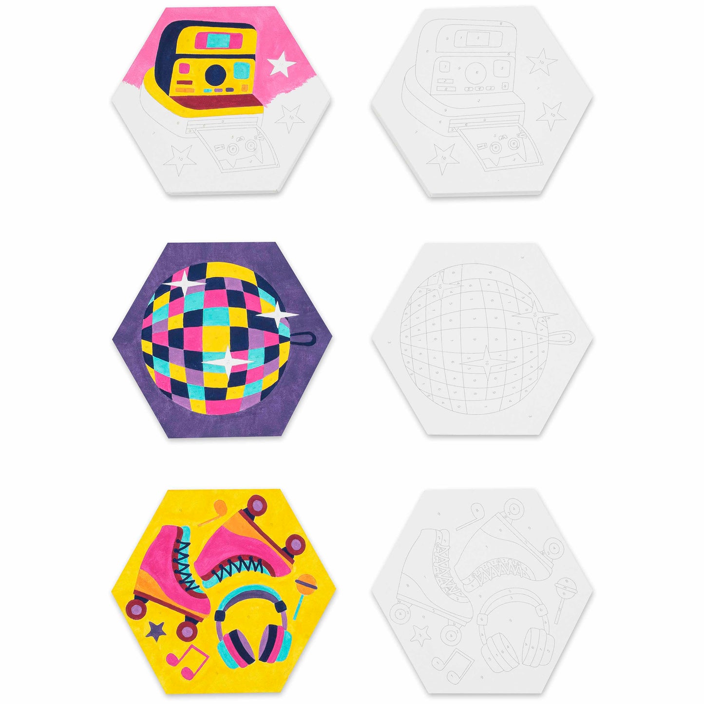 Mini Paint By Number Hexagon Retro 70s colorful designs including camera, disco ball, roller skate, and headphones
