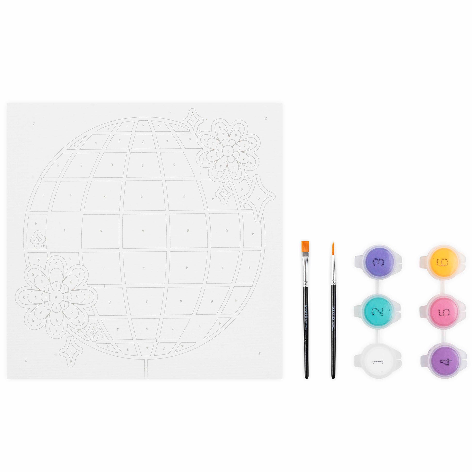Mini Paint By Number Disco Ball kit with paintbrushes and colorful paint pods