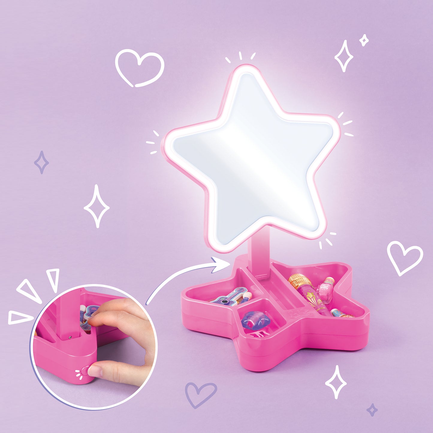 Glimmer & Glow pink star-shaped makeup studio with light-up mirror and cosmetics