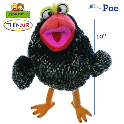 Living Puppets Poe The Bird hand puppet, black bird with bright pink mouth and lime green eyes