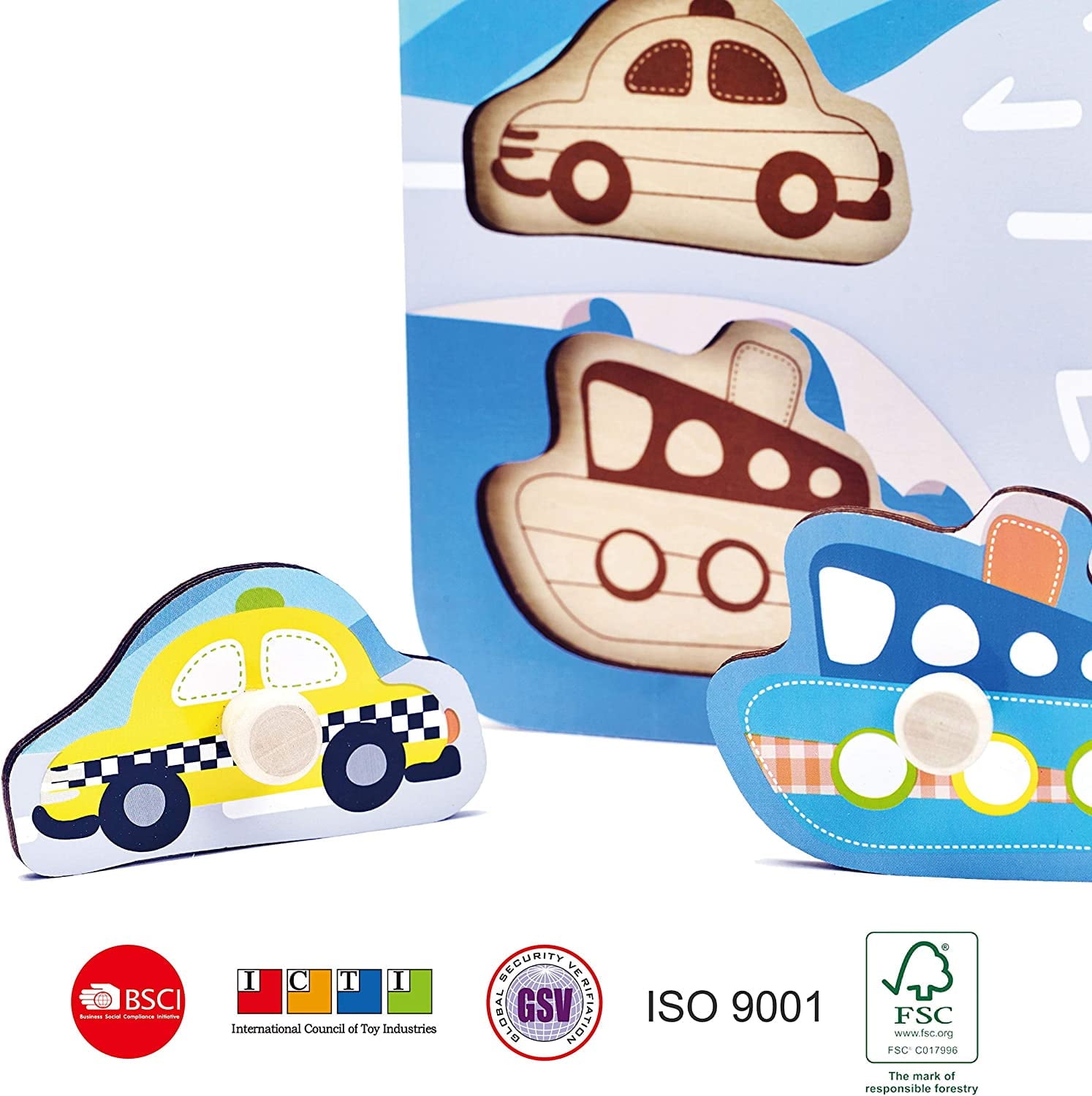Classic World 8-piece wooden peg puzzle with shaped pieces including a yellow taxi car, blue airplane, beige police car, and tan passenger plane with metal peg