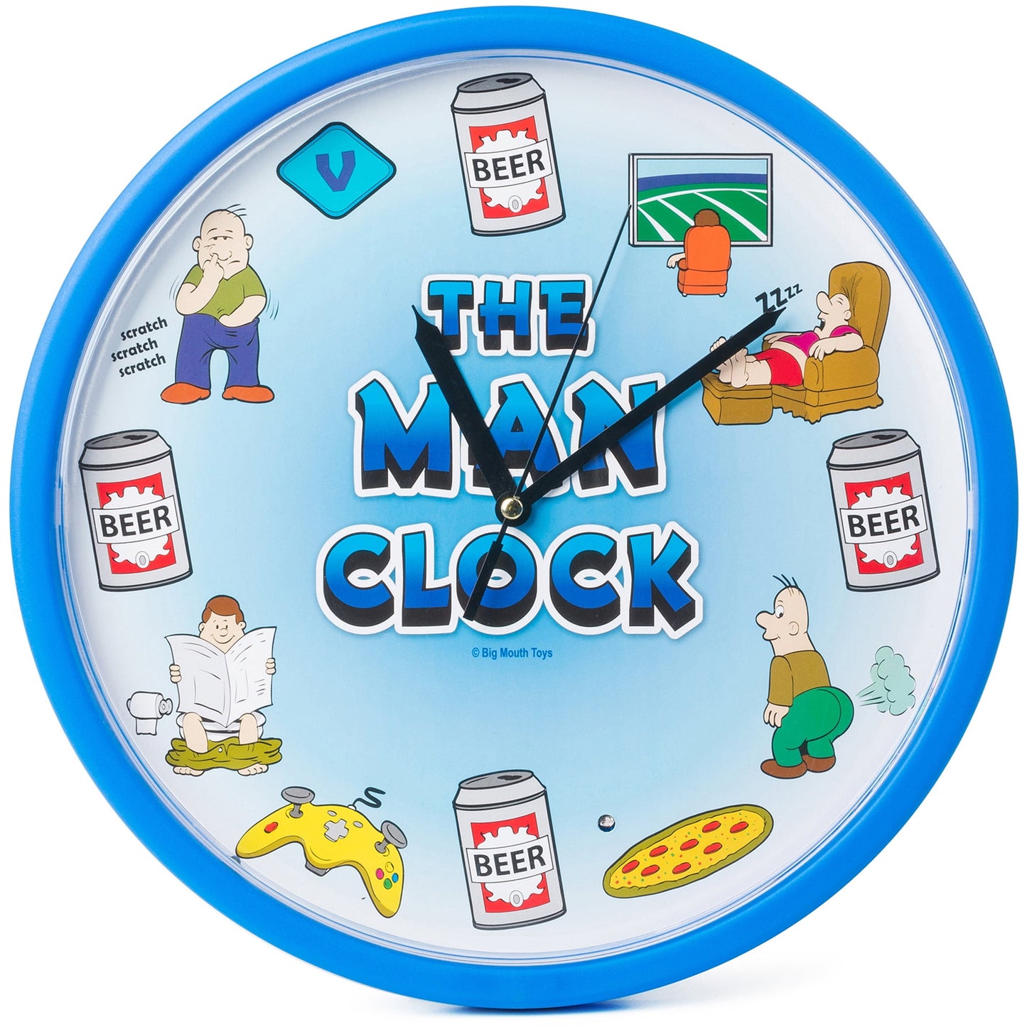 The Man Clock by Big Mouth Toys, a blue round wall clock with humorous cartoon illustrations around the face including beer cans, a man scratching his head, a p