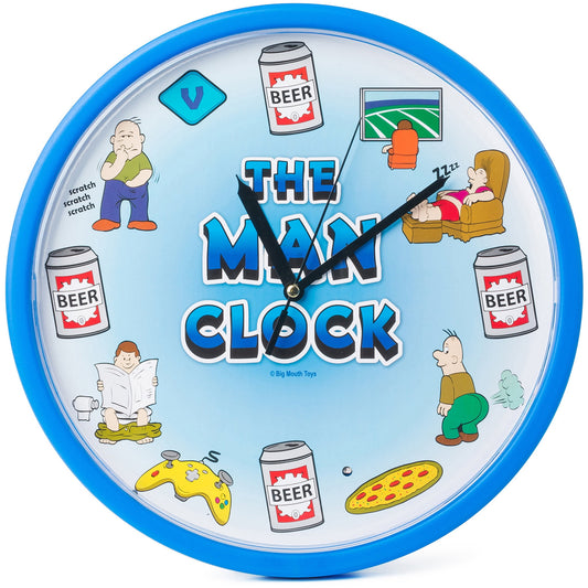 The Man Clock by Big Mouth Toys, a blue round wall clock with humorous cartoon illustrations around the face including beer cans, a man scratching his head, a p
