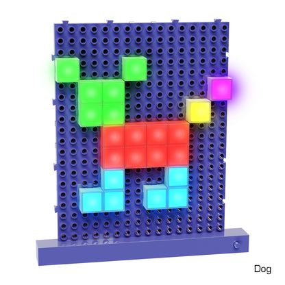 E-Blox Lite Blox Student Set with illuminated green, red, cyan, yellow, and magenta blocks on blue pegboard