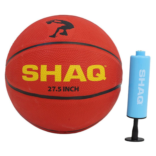 SHAQ red 27.5 inch basketball with black silhouette logo and yellow text, shown with blue hand pump